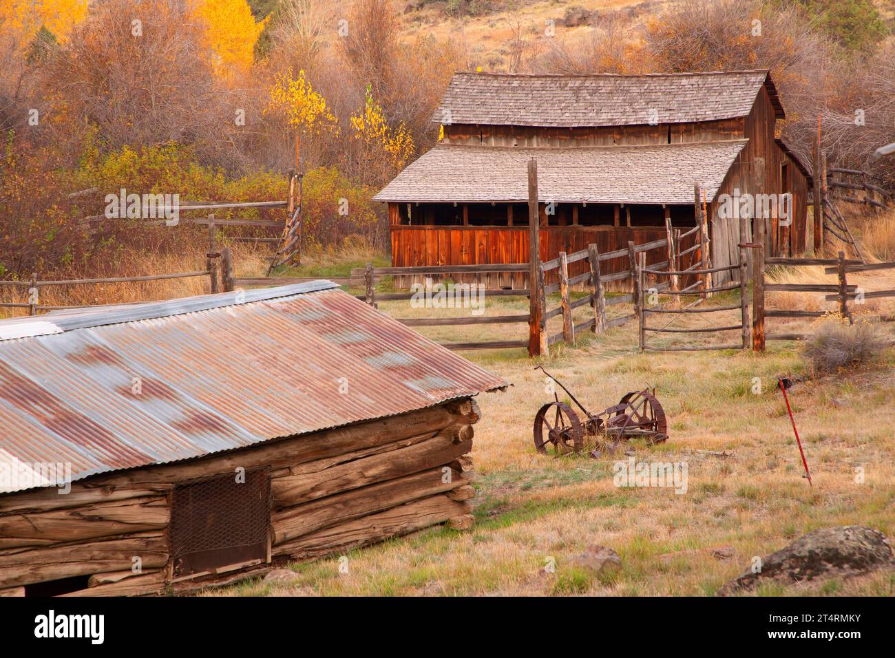 Barn with shop, Donner und Blitzen Wild and Scenic River, Steens Mountain Cooperative Management and Protection Area, Oregon Stock Photo