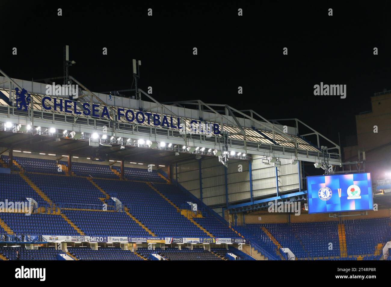 1st November 2023; Stamford Bridge, Chelsea, London, England: Carabao Cup Football, Chelsea versus Blackburn Rovers; The big screen next to the Chelsea Football Club sign on the top of the East Stand. Stock Photo