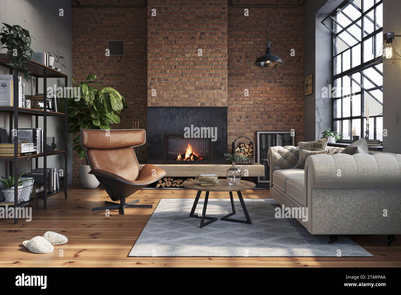 Industrial brick living room interior design. Loft Apartment with fireplace and hardwood flooring, 3d render Stock Photo