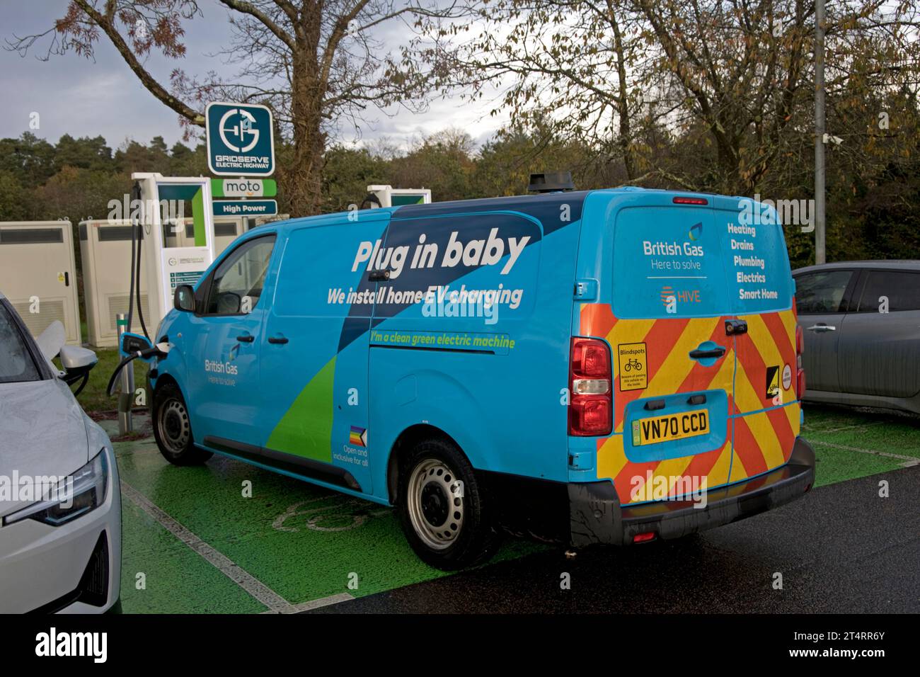 British Gas electric van charging at Gridserve Electric Highway in Motorway Service Station at Junction 47 on the M4 UK Stock Photo