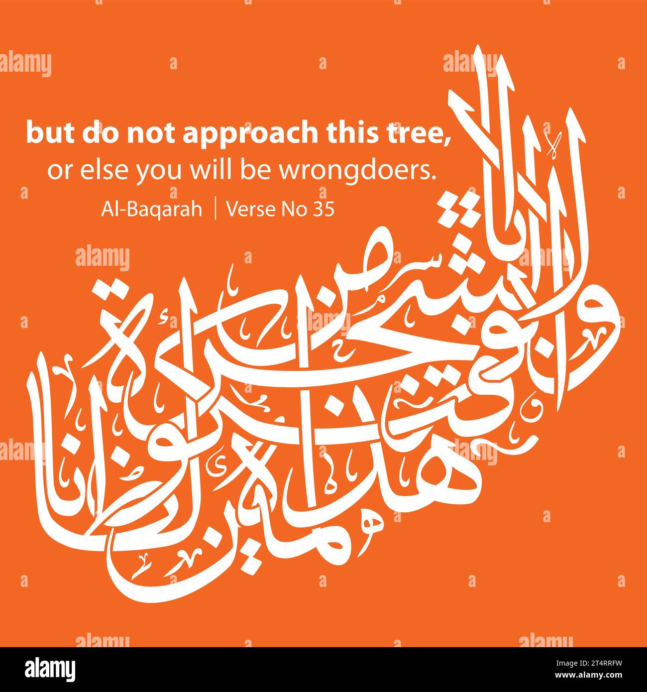 Calligraphy writing, English Translated as, but do not approach this tree, or else you will be wrongdoers, Verse No 35 from Al-Baqarah Stock Vector