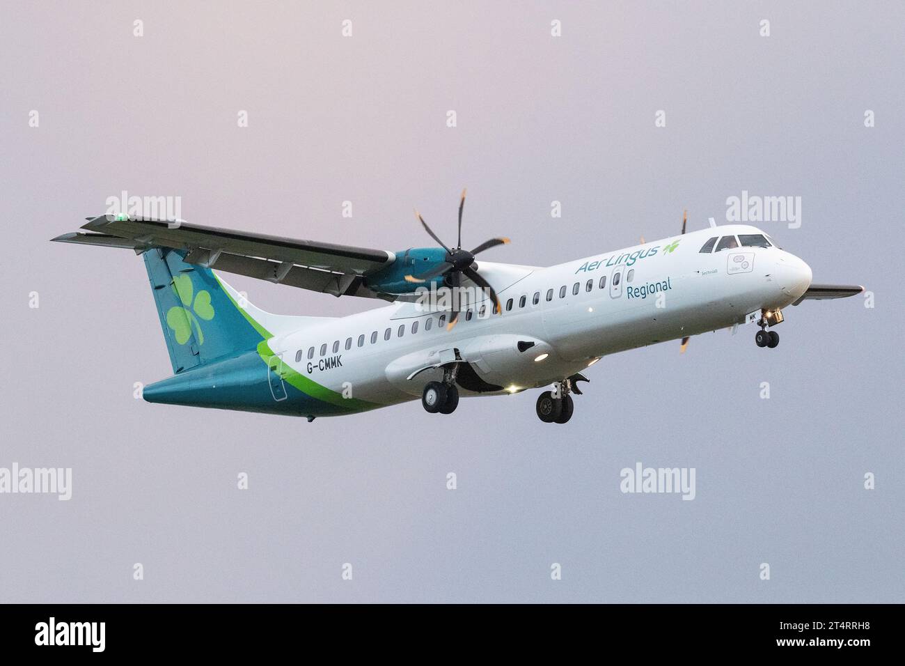 Emerald Airlines ATR 72-600 on final approach into East Midlands Airport. Wednesday 1 Nov 2023. (Credit: James Holyoak/Alamy Live News) Stock Photo