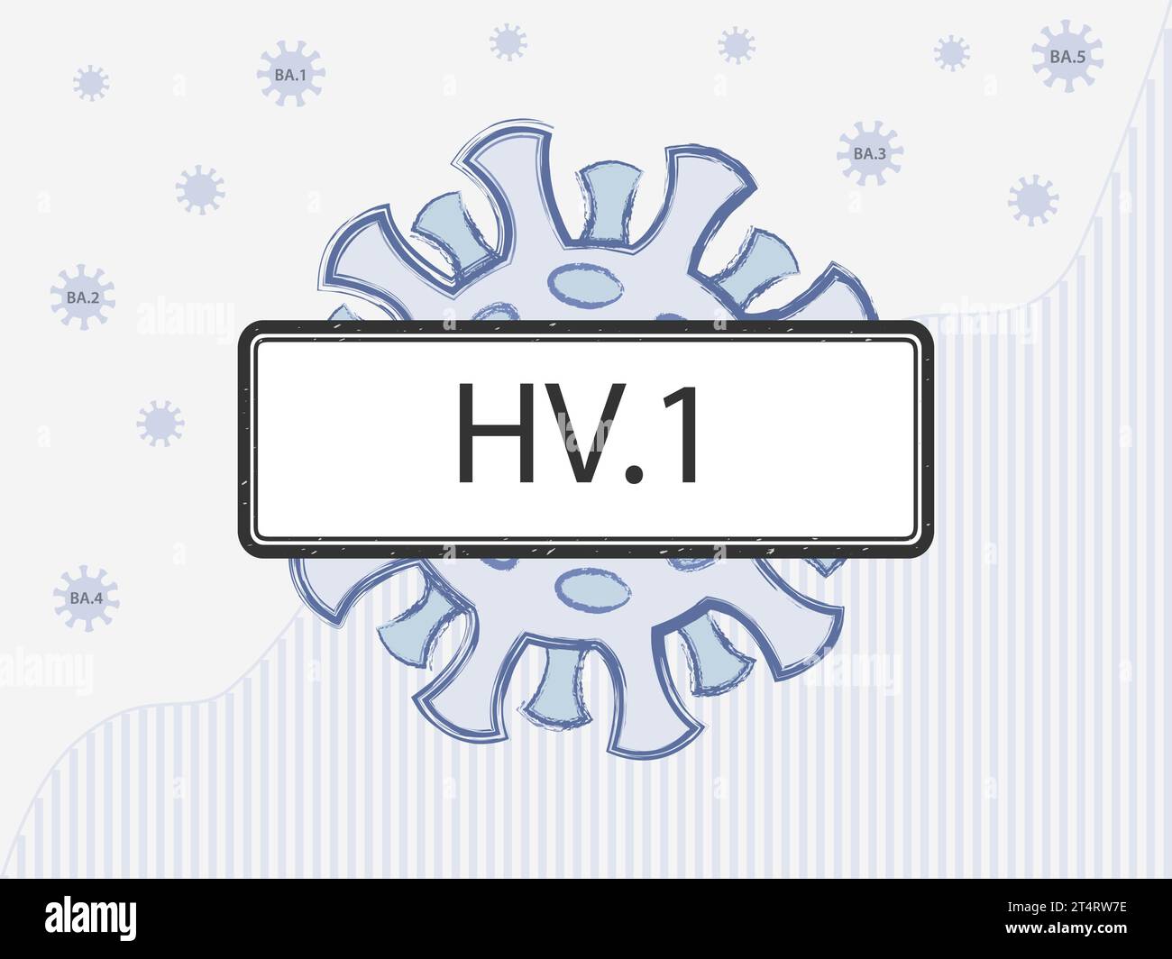 HV.1 in the sign. Coronovirus with spike proteins of a different colors symbolizing mutations. New Omicron subvariant against the background of covid. Stock Vector