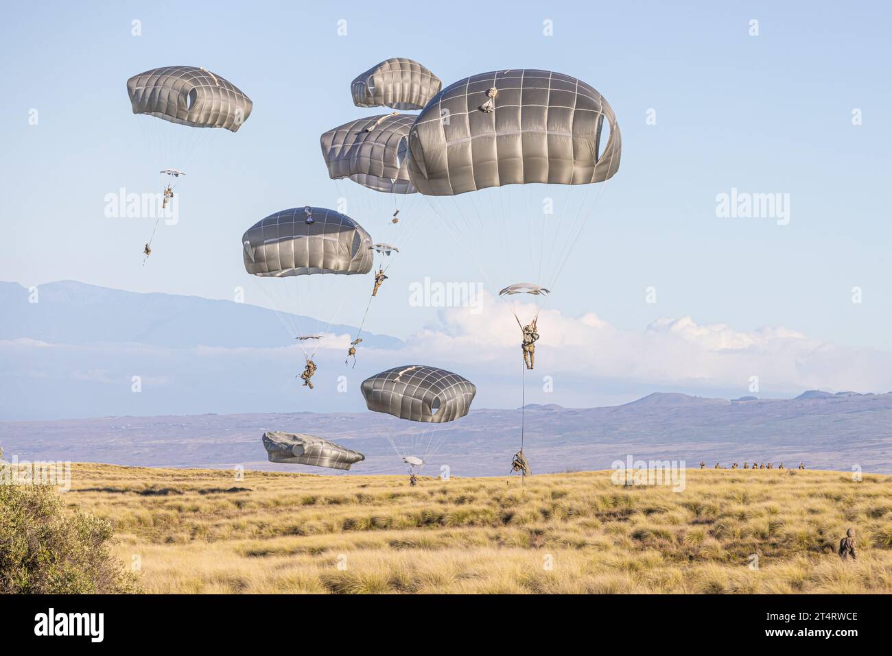 Pohakuloa Training Area, United States. 31st Oct, 2023. U.S. Army paratroopers, with the 11th Airborne Division descend in parachutes after jumping from a C-17 transport aircraft during the multinational Joint Pacific Multinational Readiness Center 24-01 at the Pohakuloa Training Area, October 31, 2023 in Mauna Loa, Hawaii. Credit: Spc. Mariah Aguilar/U.S Army/Alamy Live News Stock Photo