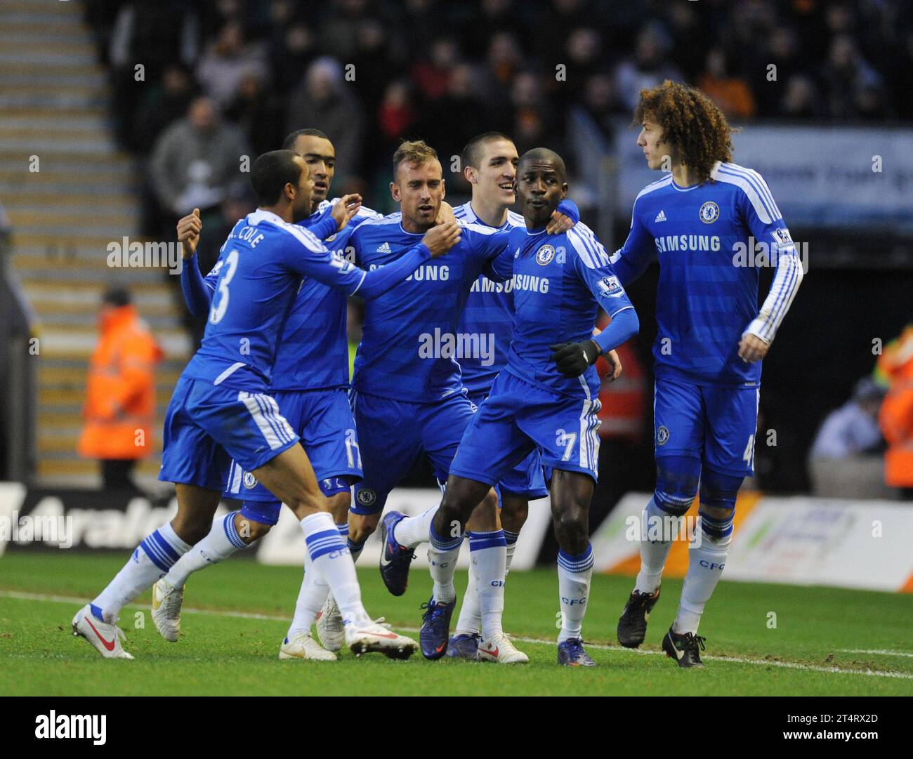 Chelsea players celebrate Ashley Cole, José Bosingwa, Raul Meireles, Oriol Romeu, Ramires and David Luiz. Chelsea - Wolverhampton Wanderers v Chelsea 02/01/2012 Stock Photo
