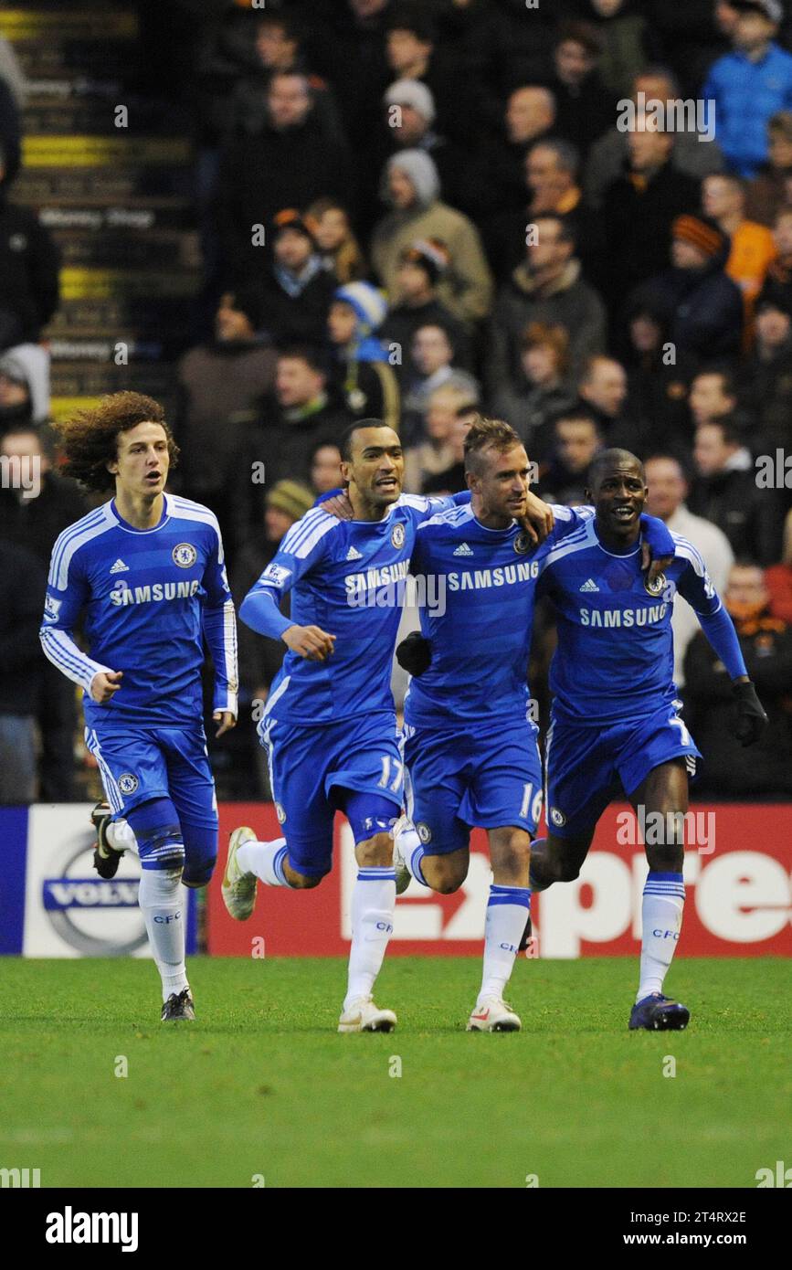 Chelsea players celebrate  David Luiz, José Bosingwa, Raul Meireles and scorer Ramires Wolverhampton Wanderers v Chelsea 02/01/2012 Stock Photo
