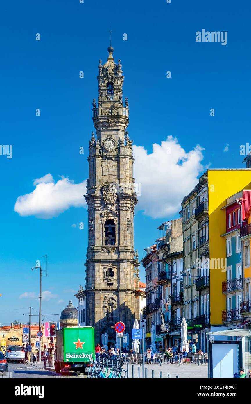 Porto, Portugal, Clerigos tower and cityscape. The famous district is a tourist attraction Stock Photo