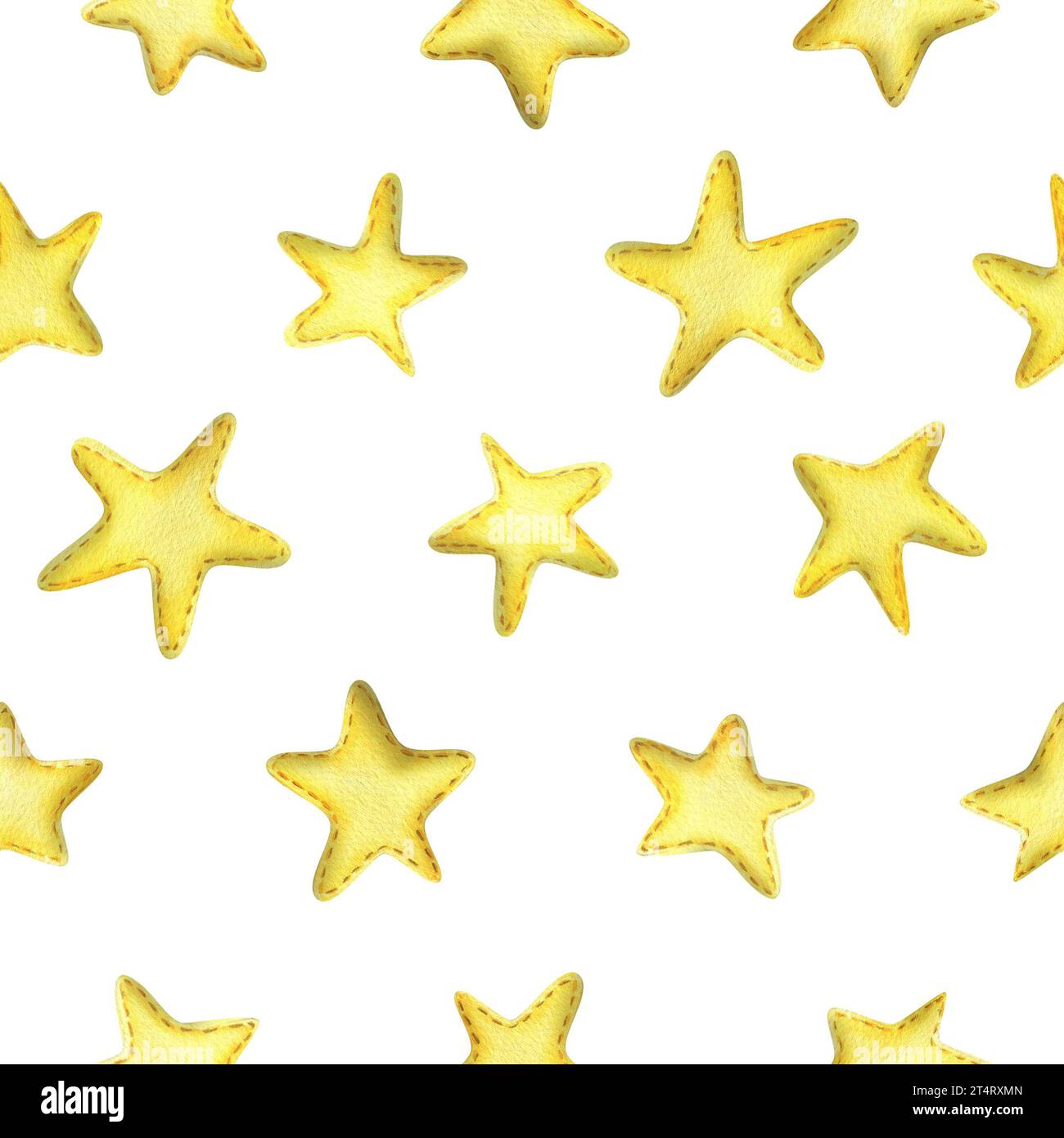 Yellow stars sewn from fabric with thread stitches. Watercolor illustration, hand drawn. Seamless pattern on a white background Stock Photo