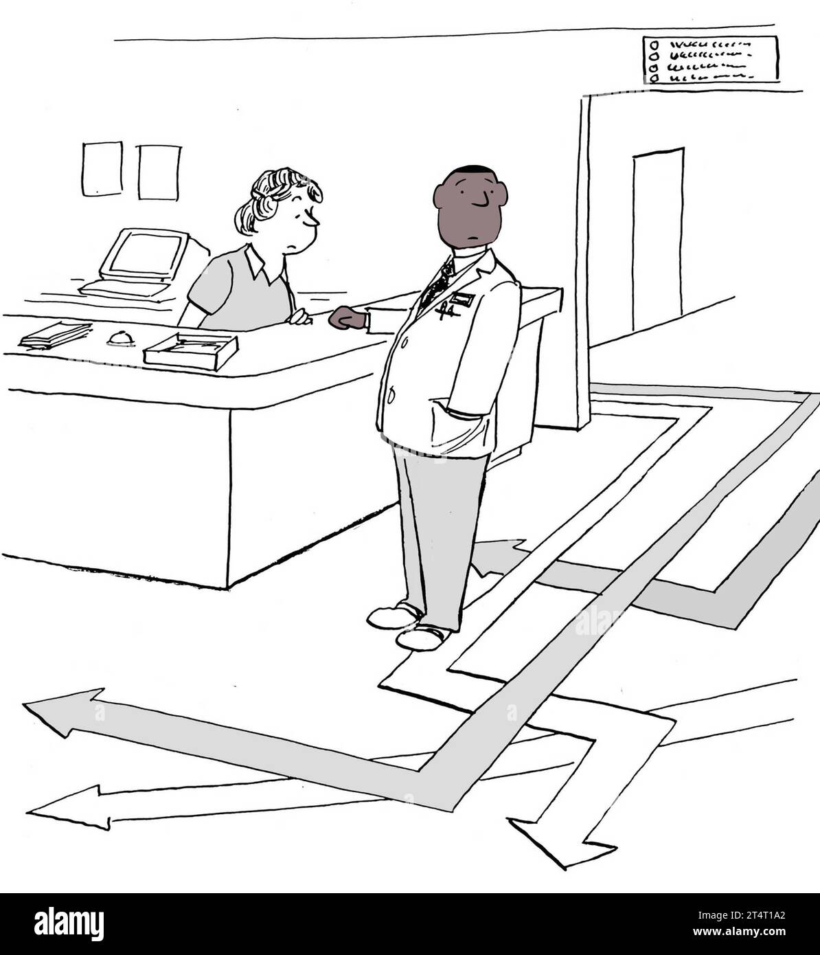 The black doctor and white nurse are confused by the arrows, that should be helpful, in the hospital. Stock Photo