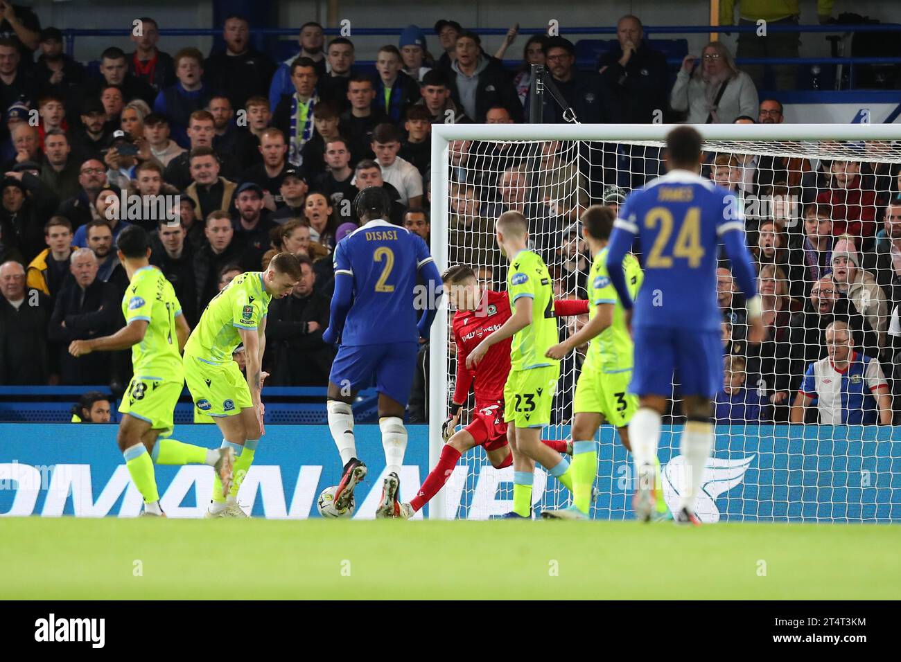 1st November 2023; Stamford Bridge, Chelsea, London, England: Carabao Cup Football, Chelsea versus Blackburn Rovers; A loose ball in the Blackburn Rovers penalty area after a Chelsea corner is finally cleared by goalkeeper Leopold Wahlstedt of Blackburn Rovers. Stock Photo