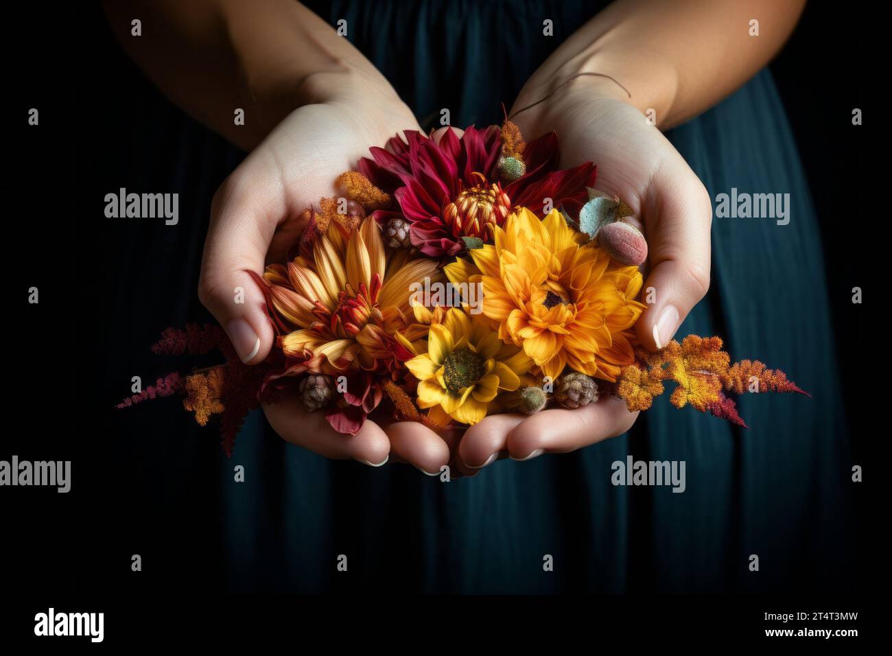 Hands holding a handful of flowers in orange and reddish tones with a dark background of a bluish woman's dress as a token of gratitude Stock Photo