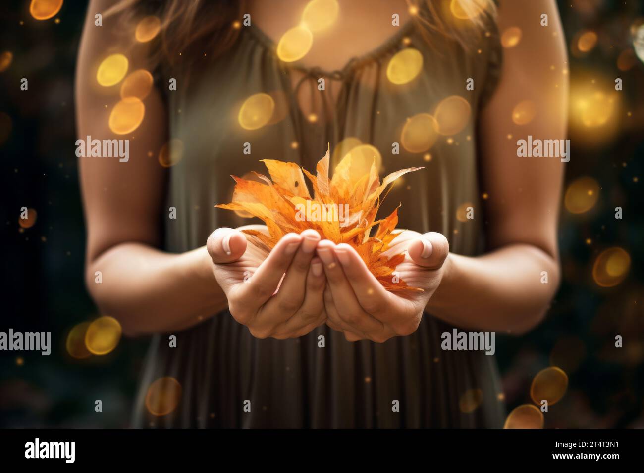 Hands holding a handful of flowers in orange tones with a dark background of a greenish woman's dress as a token of gratitude with bokeh Stock Photo