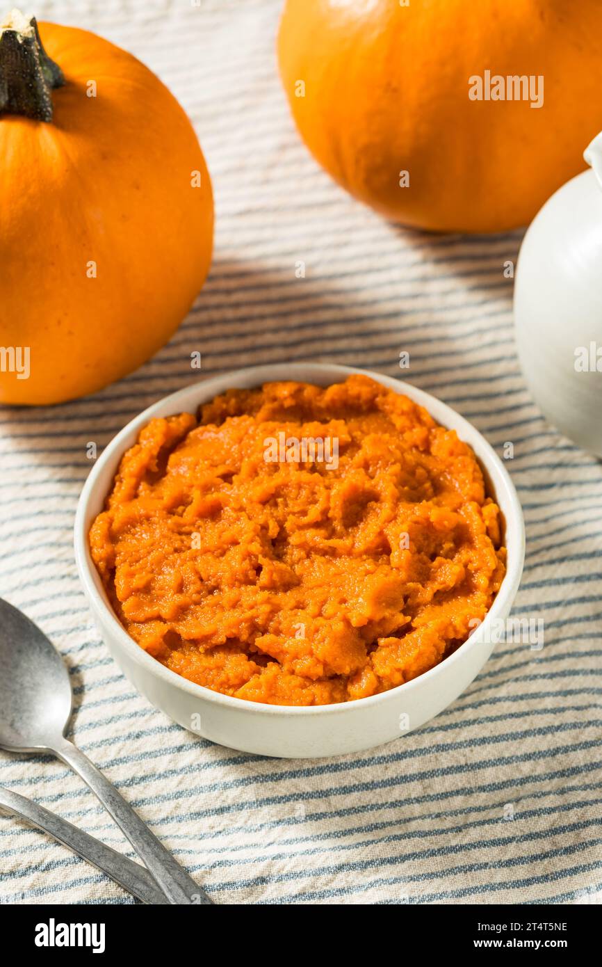 Organic Raw Orange Pumpkin Puree in a Bowl Stock Photo