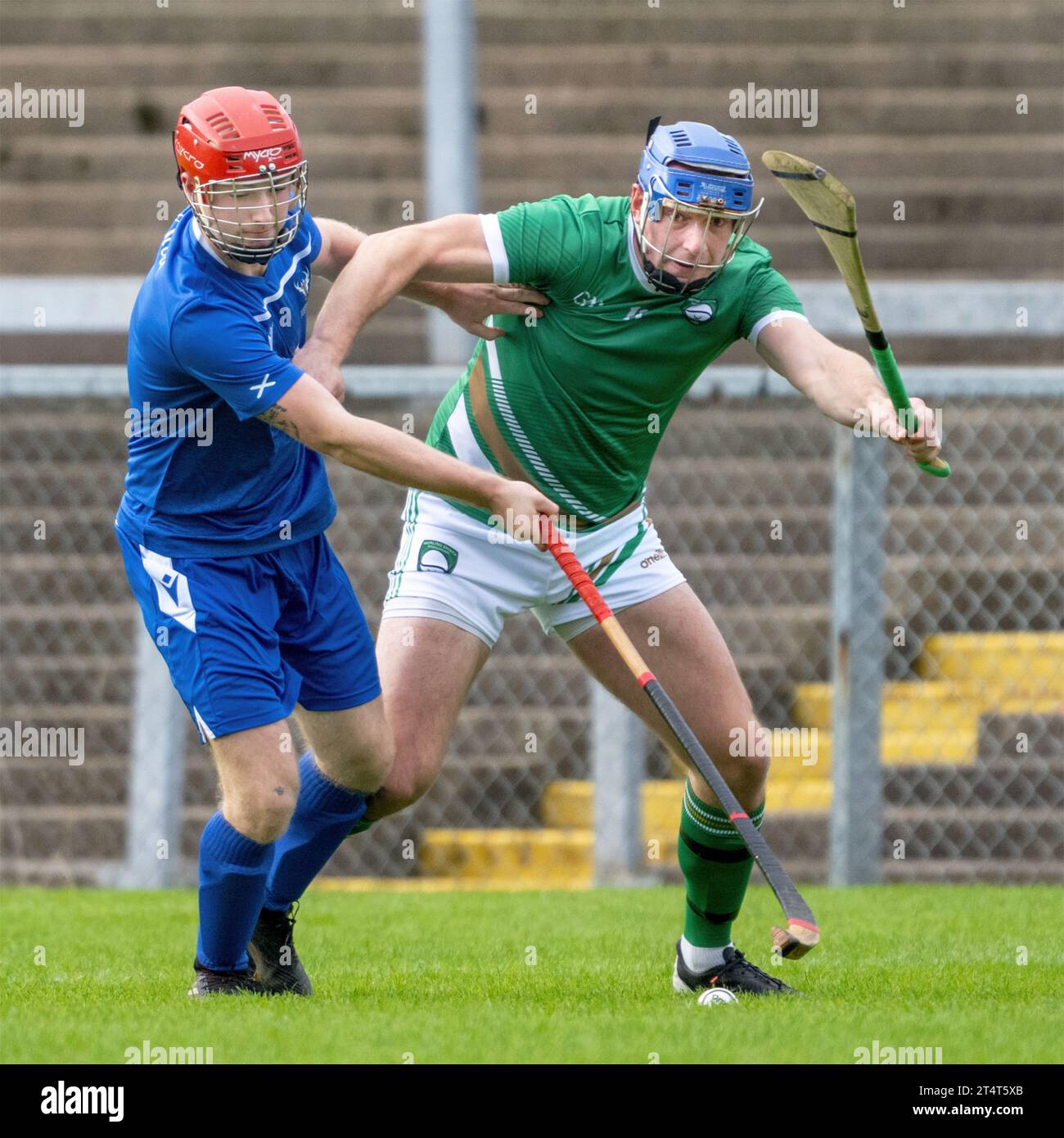 Action image from the Ireland v Scotland shinty hurling international played at Pairc Esler, Newry, Northern Ireland in 2023. Stock Photo