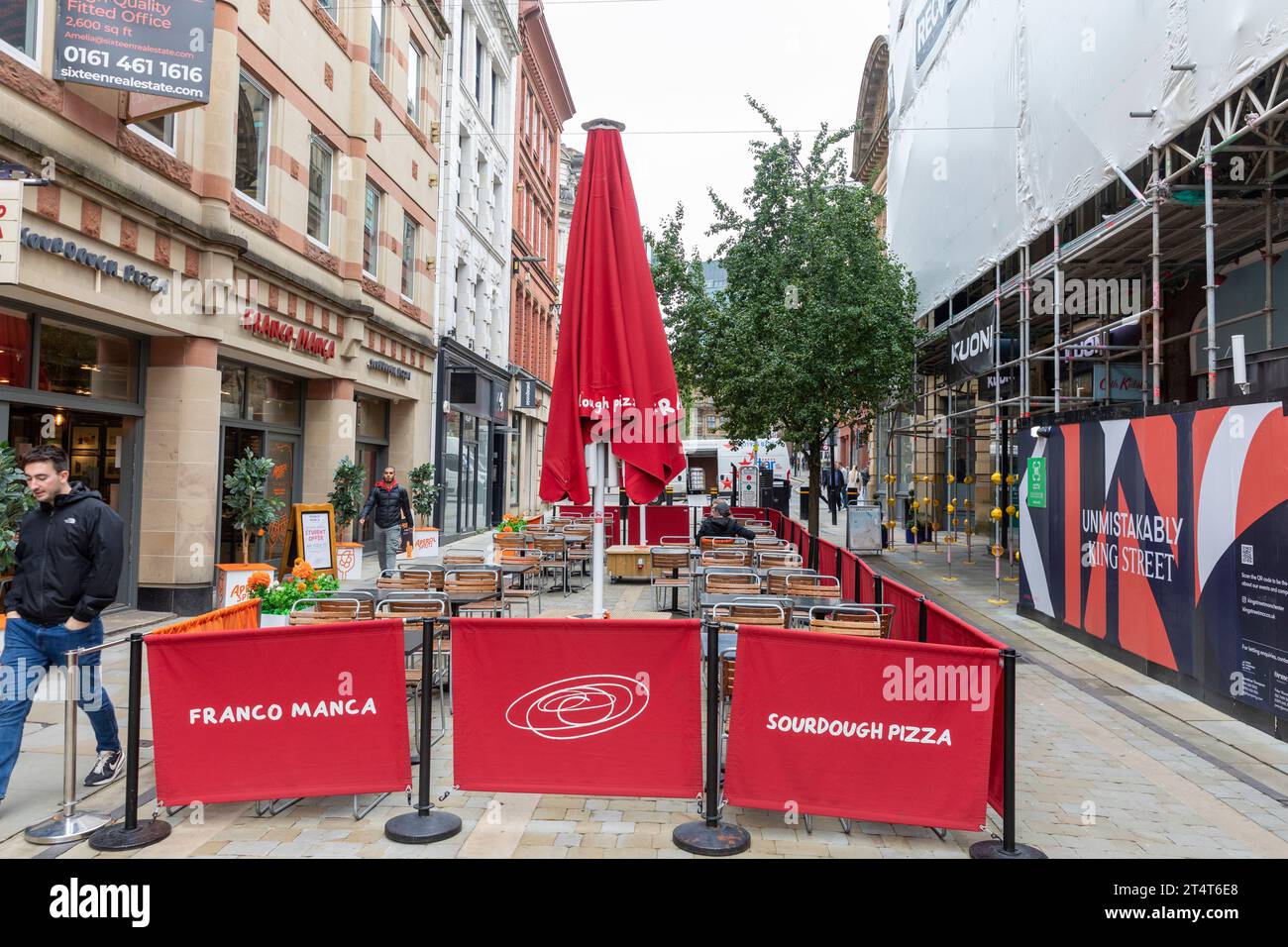 Franco Manca Italian pizza restaurant in King street Manchester city centre, outside tables