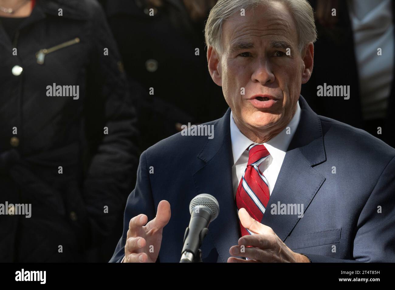 Austin Texas USA, November 1 2023: Texas Governor GREG ABBOTT answers questions from the press at a morning briefing on economic development at the Governor's Mansion. ©Bob Daemmrich Stock Photo