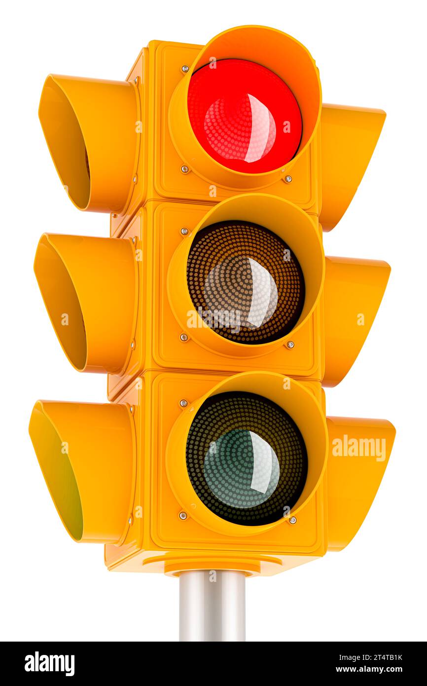 Yellow traffic light with red color, 3D rendering isolated on