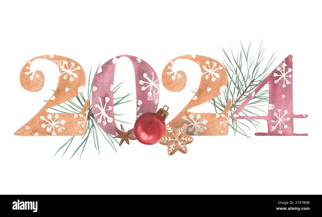 New Year S Composition 2024 With Watercolor Numbers And Festive Decor   New Years Composition 2024 With Watercolor Numbers And Festive Decor 2T4TB9B 