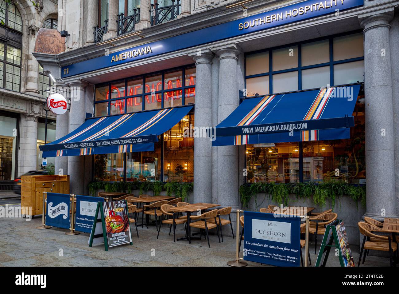 Americana Restaurant London. The Americana restaurant at 11 Haymarket, London, Southern hospitality & soul food in the heart of  London. Founded 2023. Stock Photo