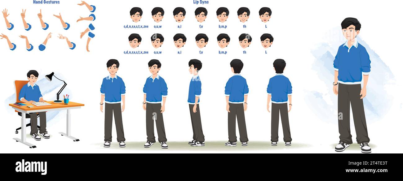 A School boy character model sheet for animation. Student creation set with lip sync and hand gesture. Male turnaround sheet and 2d character sheet. Stock Vector