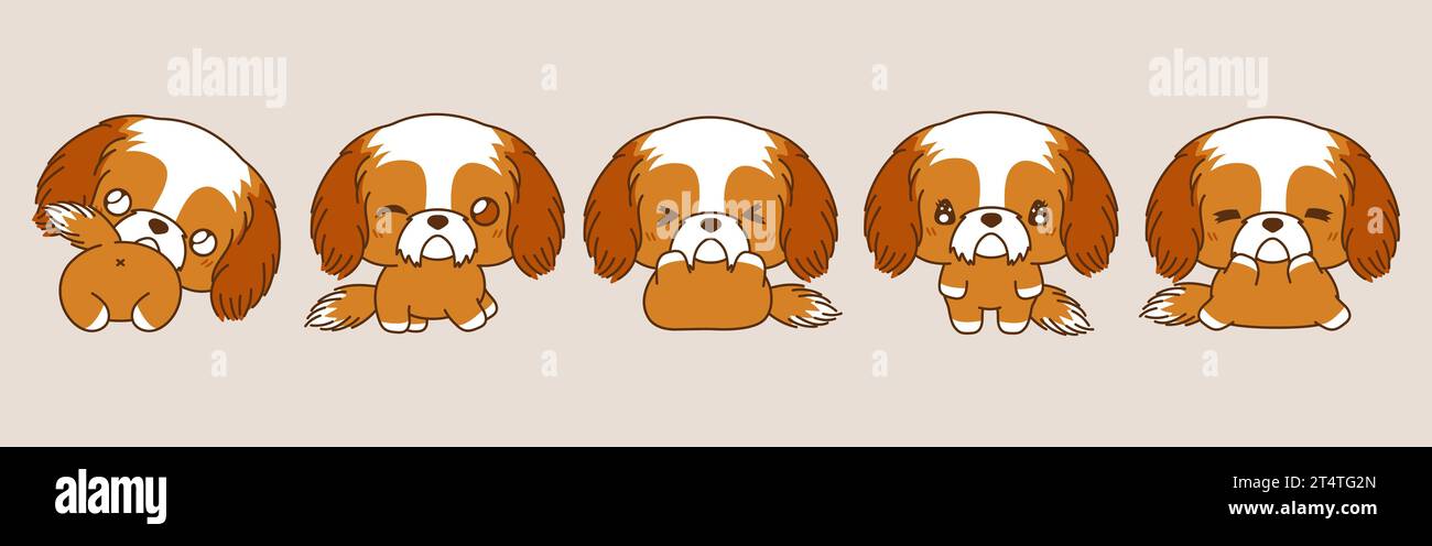 Set of Kawaii Isolated Shih Tzu Puppy. Collection of Vector Cartoon Dog Illustrations for Stickers, Baby Shower, Coloring Pages, Prints for Clothes Stock Vector