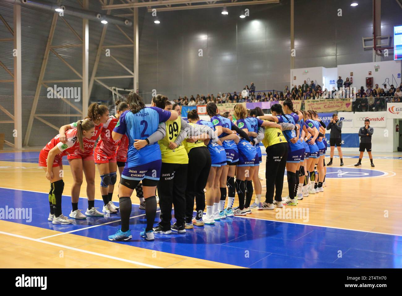 Oviedo, Spain, November 1, 2023: Players from both teams greet each other during the 9th Matchday of the Iberdrola Guerreras League between Lobas Global Atac Oviedo and Motive.co Gijon Balonmano La Calzada, on November 1, 2023, at the Florida Arena Municipal Sports Center, in Oviedo, Spain. Credit: Alberto Brevers / Alamy Live News. Stock Photo