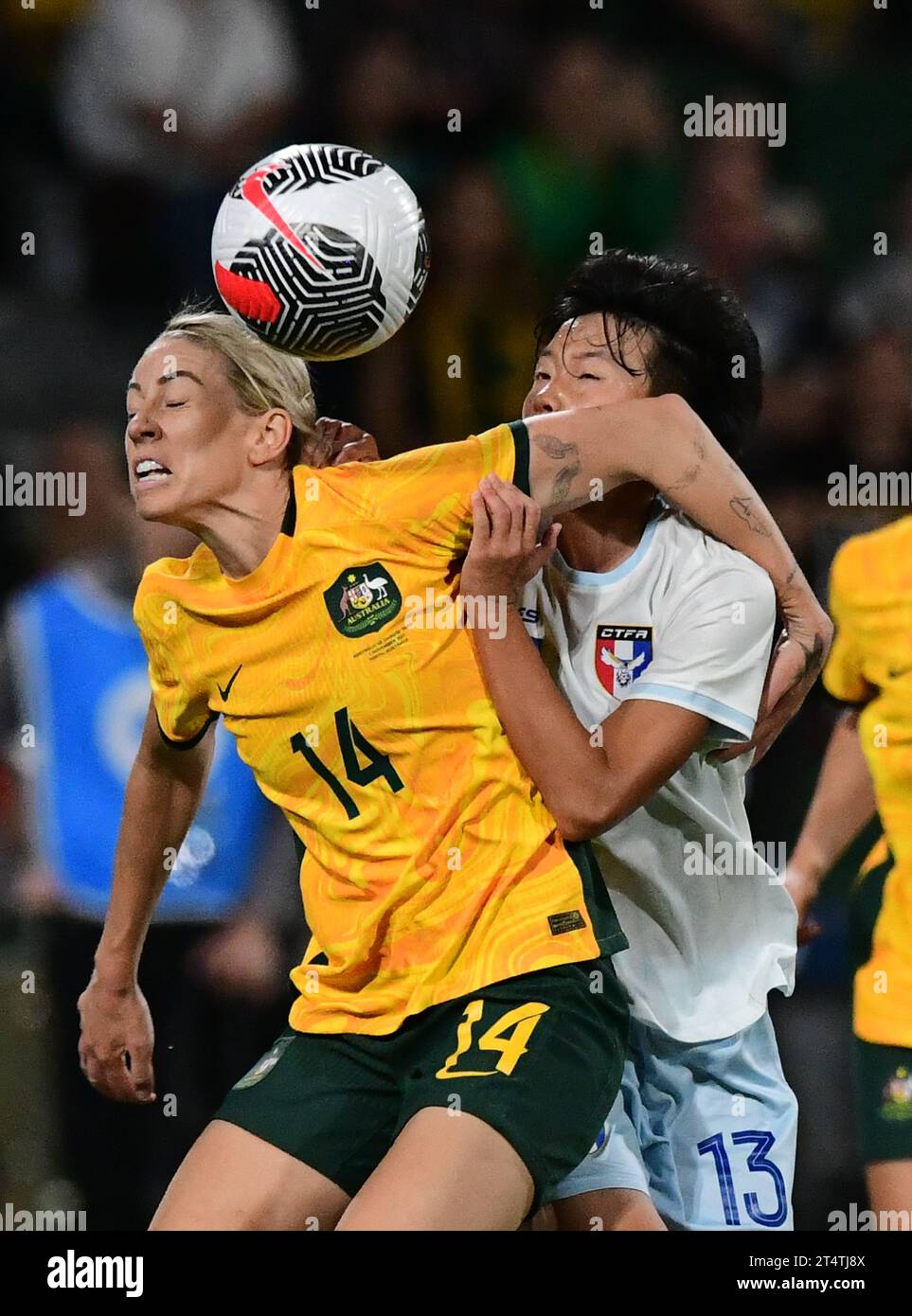 Perth, Australia. 01st Nov, 2023. Alanna Stephanie Kennedy (L) of Australia women's football team and Su Yu-Hsuan (R) of the Chinese Taipei women's football team are seen in action during the 2024 AFC Women's soccer Olympic Qualifying Round 2 Group A match between Australia and Chinese Taipei held at the Perth Rectangular Stadium. Final score Australia 3:0 Chinese Taipei. Credit: SOPA Images Limited/Alamy Live News Stock Photo