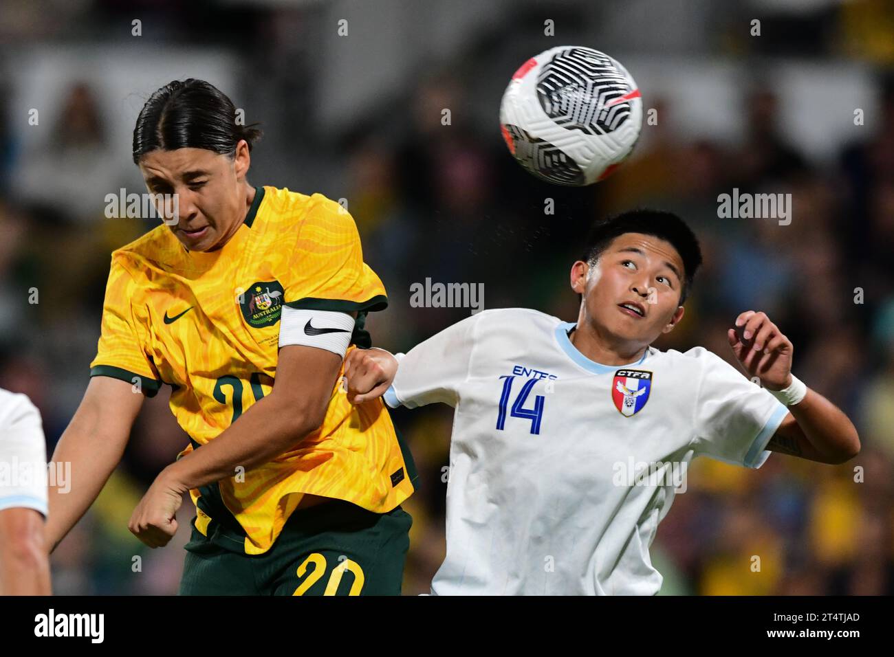 Perth, Australia. 01st Nov, 2023. Samantha May Kerr (L) of Australia women's football team and Wu Kai-Ching (R) of the Chinese Taipei women's football team are seen in action during the 2024 AFC Women's soccer Olympic Qualifying Round 2 Group A match between Australia and Chinese Taipei held at the Perth Rectangular Stadium. Final score Australia 3:0 Chinese Taipei. Credit: SOPA Images Limited/Alamy Live News Stock Photo