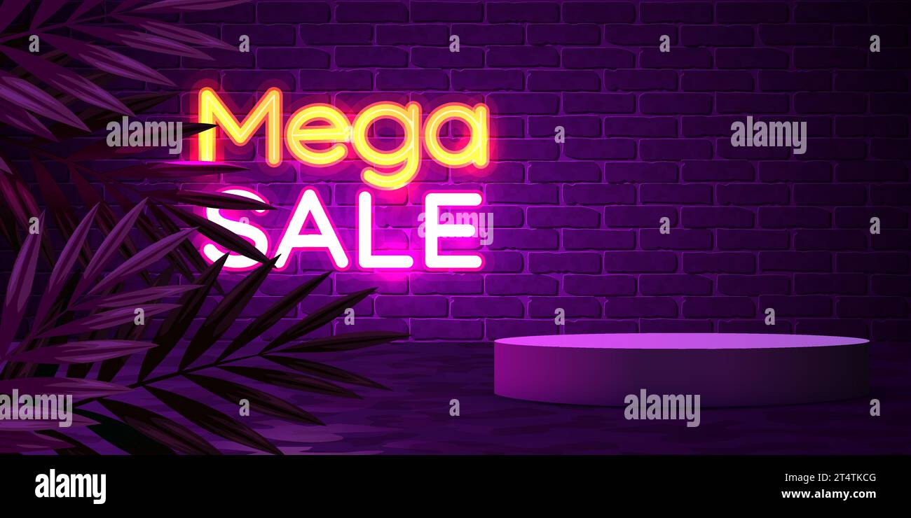 Sale banner with neon sign, podium and tropical leaves. Vector illustration Stock Vector