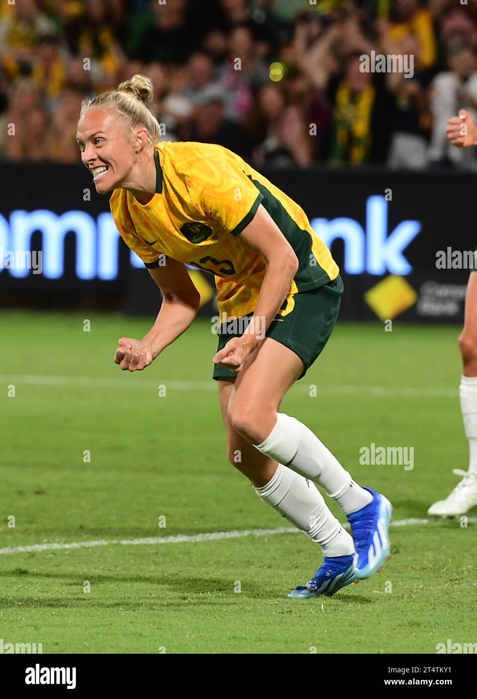Perth, Australia. 01st Nov, 2023. Tameka Yallop of Australia women's football team reacts during the 2024 AFC Women's soccer Olympic Qualifying Round 2 Group A match between Australia and Chinese Taipei held at the Perth Rectangular Stadium. Final score Australia 3:0 Chinese Taipei. (Photo by Luis Veniegra/SOPA Images/Sipa USA) Credit: Sipa USA/Alamy Live News Stock Photo