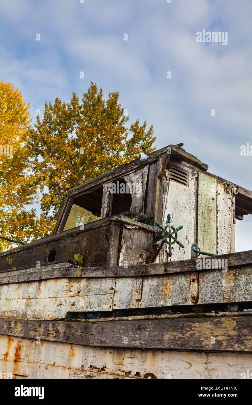 Derelict wooden boat at the Britannia Ship Yard in Steveston British Columbia Canada Stock Photo