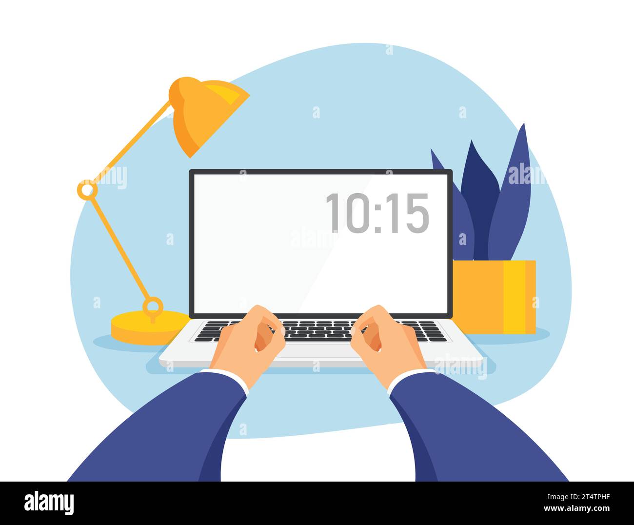 Workplace with human hands front view. Laptop with blank screen. Man work on computer. Flat vector illustration template in a trendy flat style. Stock Vector