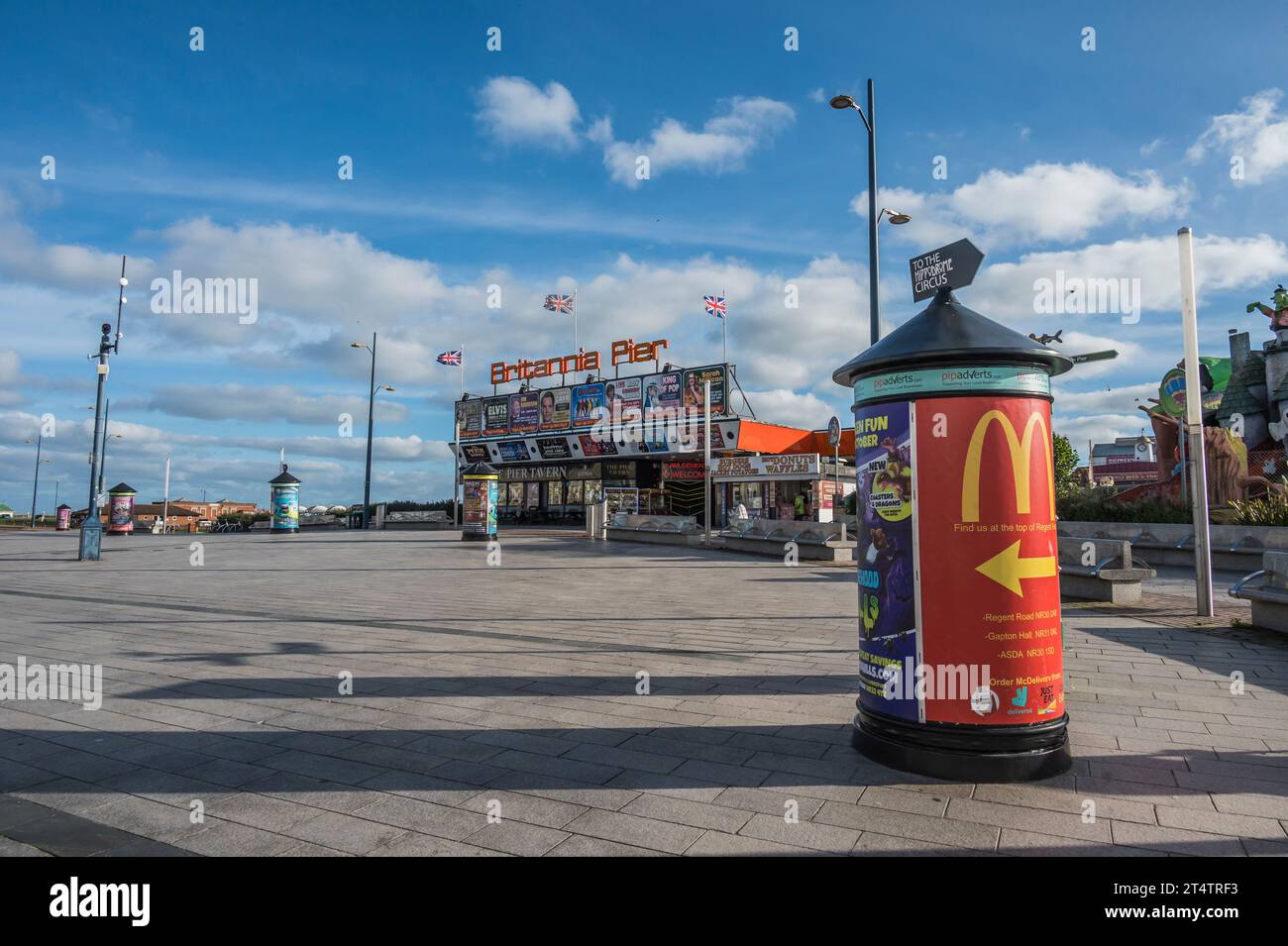 The image is of the typical English seaside holiday resort town of Great Yarmouth with the Britannia Pier, and promenade Stock Photo