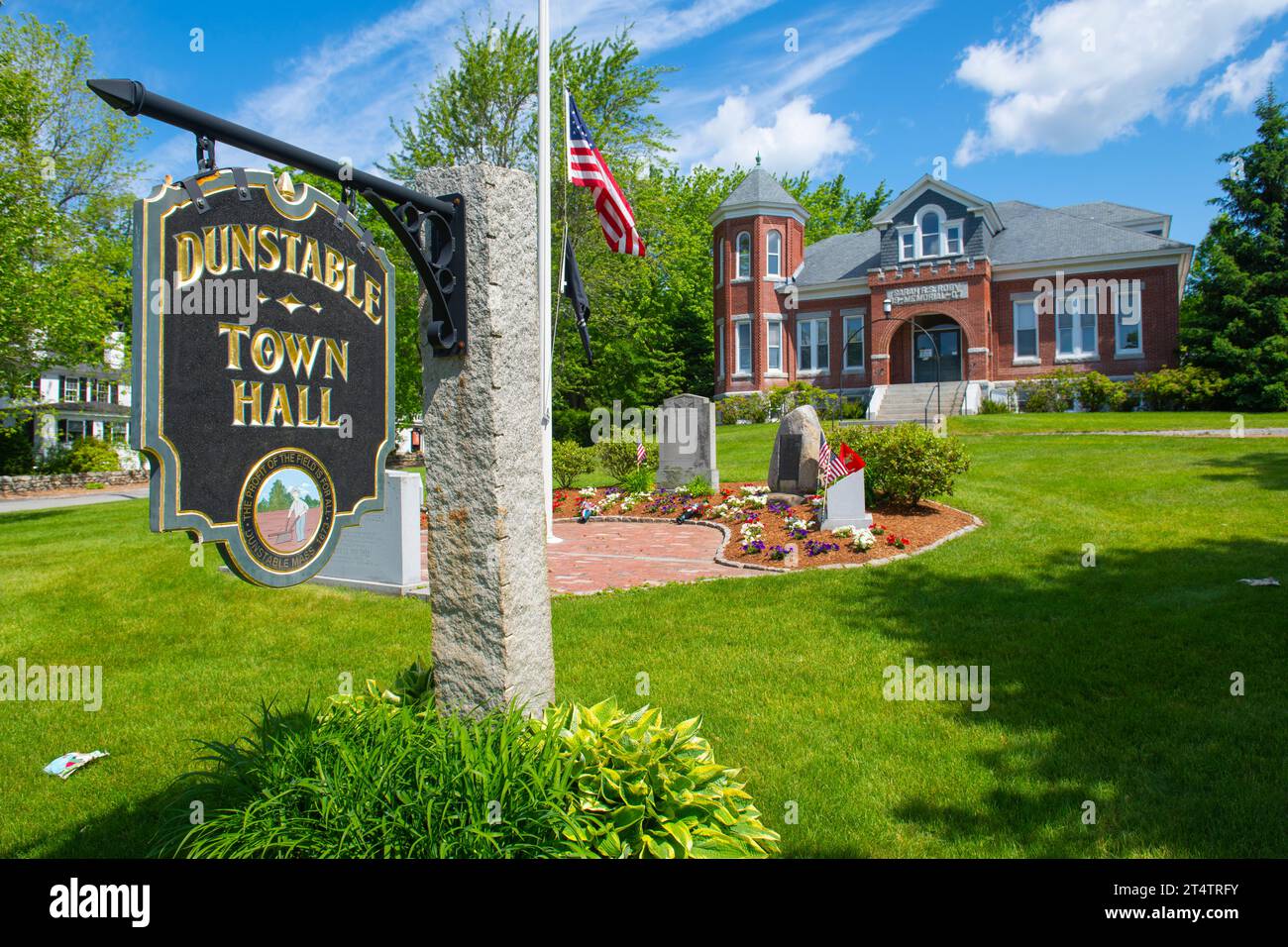 Dunstable Town Hall on Main Street at Town Common in summer in historic
