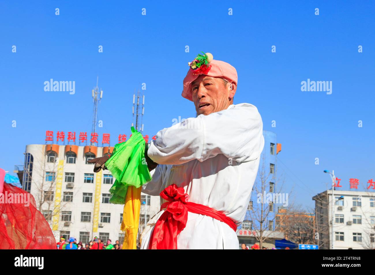 Luannan County- February 20: Chinese traditional style yangko folk dance performance in the street, on February 20, 2016, luannan County, hebei Provin Stock Photo