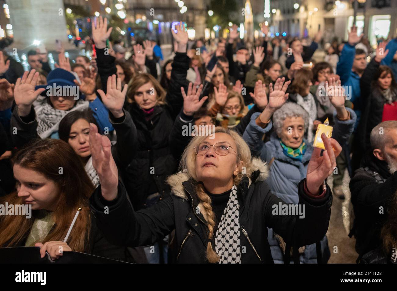 Madrid, Spain. 01st Nov, 2023. People raising their hands during a
