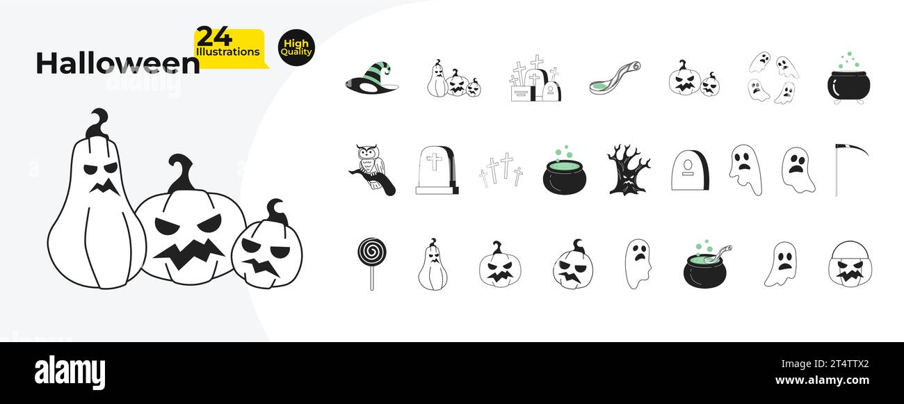 Halloween spooky black and white 2D cartoon objects bundle Stock Vector