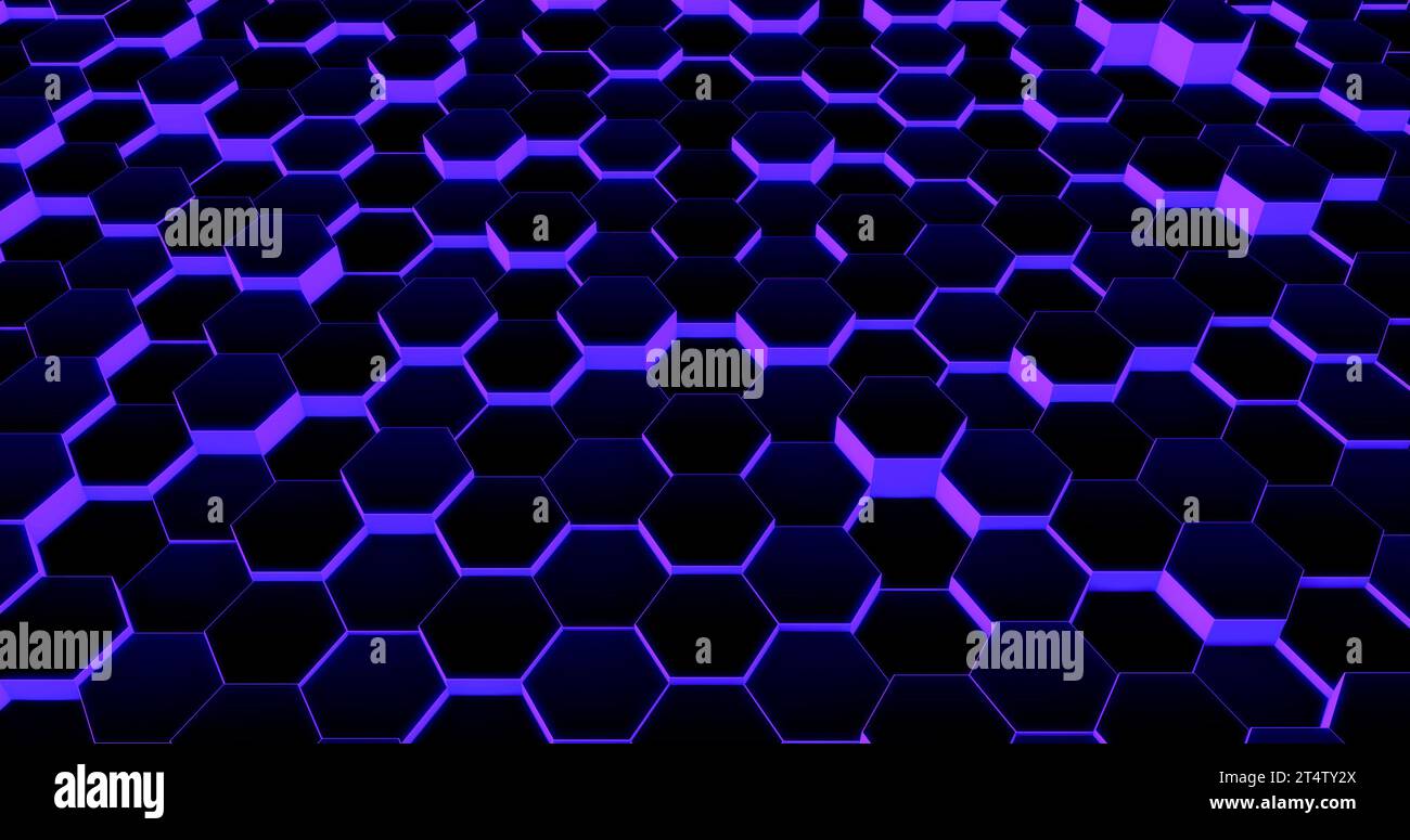 Technological hexagonal background with purple neon illumination. 3D rendering. Stock Photo