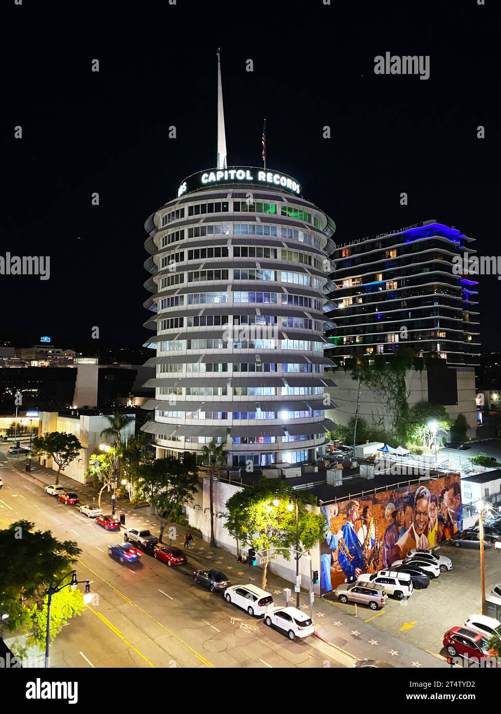 Capitol Records building in Los Angeles at night Stock Photo