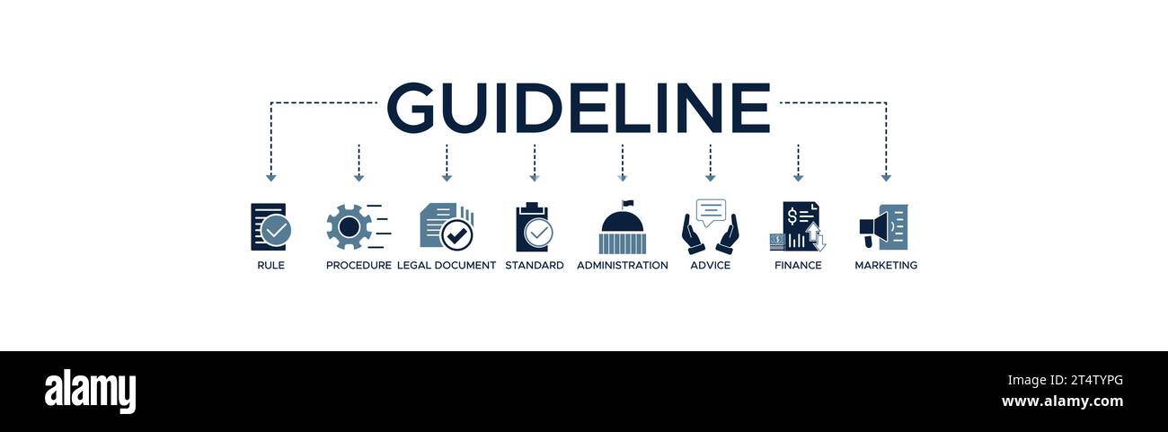 Guideline banner web icon vector illustration concept with icon of rule, procedure, legal document, standard, administration, advice, finance, market. Stock Vector
