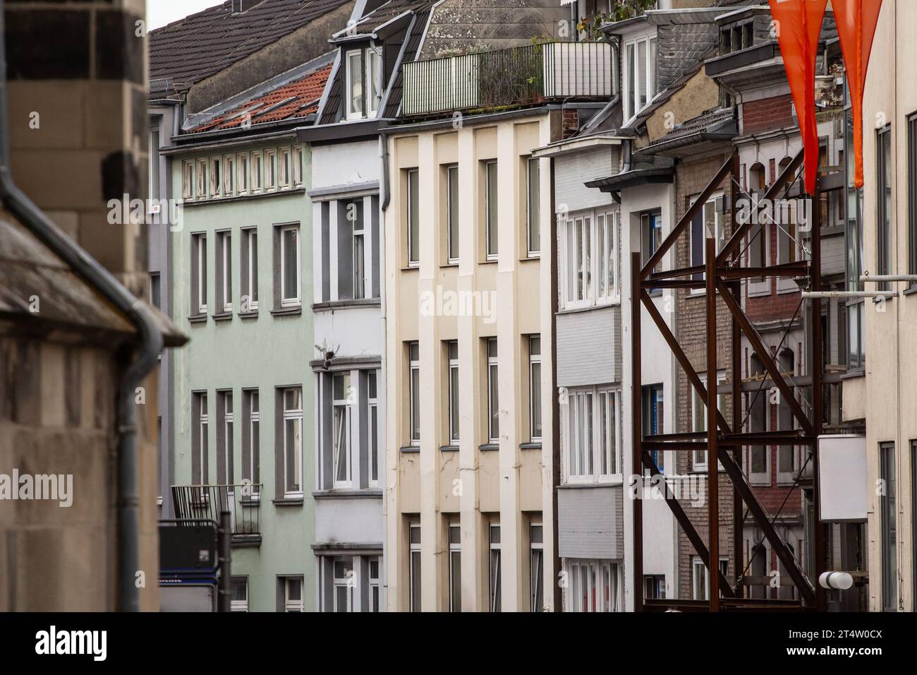 Picture of facades of residential building, with a vintage german architecture, in the city center of Aachen, Germany. Stock Photo