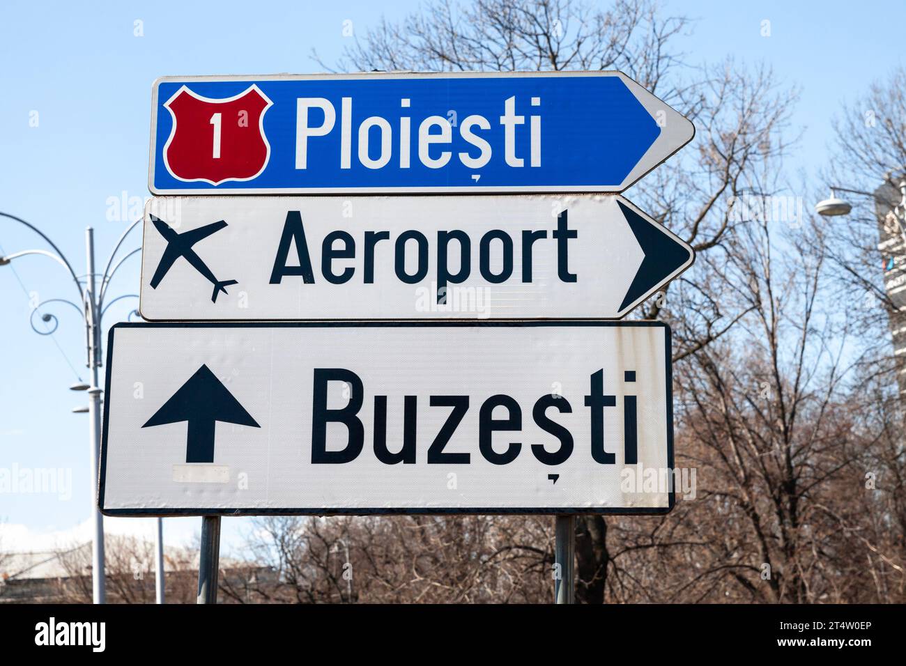 Picture of the roadsign indicating the direction to Ploiesti and Buzesti on a romanian road of bucharest, romania, with as well the direction to the b Stock Photo
