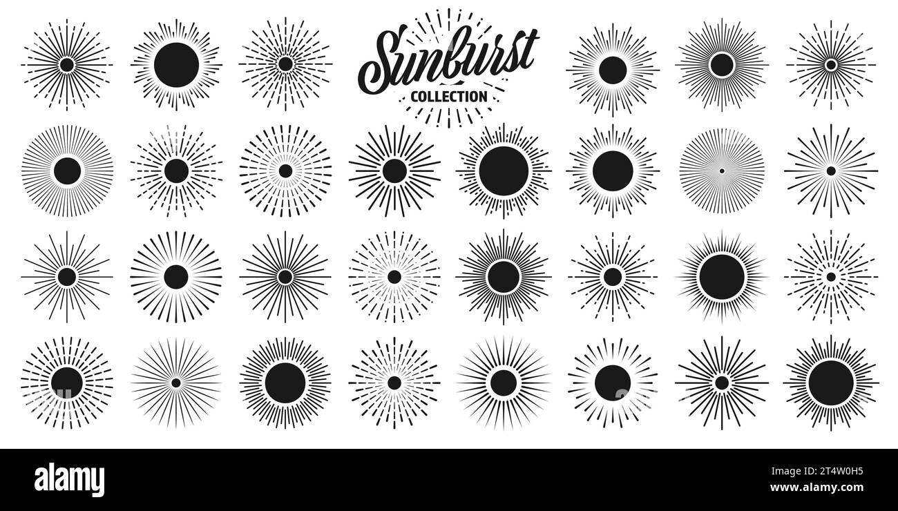 Vintage sunburst, sunset beams collection. Hand drawn bursting sun, light rays. Logotype or lettering design element in retro style. Vector Stock Vector