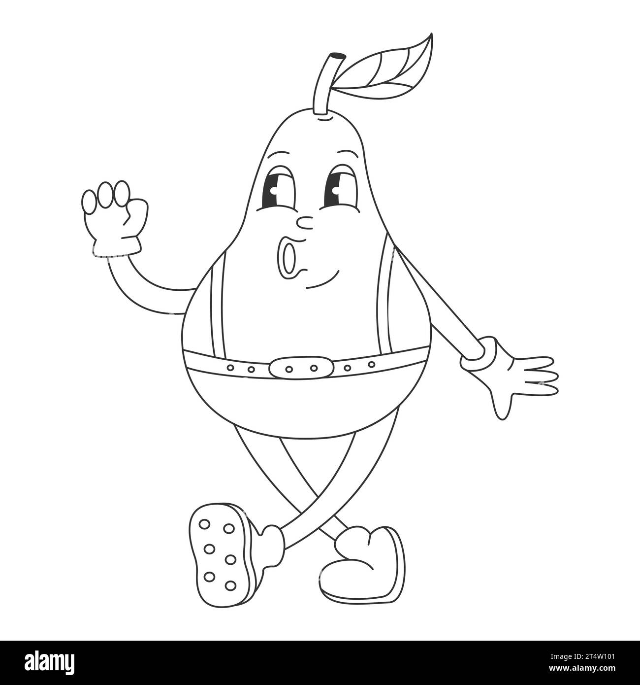 Coloring page with Fruit Retro Groovy Cartoon Hippie Character. Comic Pear Character on transparent background. Groovy Summer Vector Illustration Stock Vector