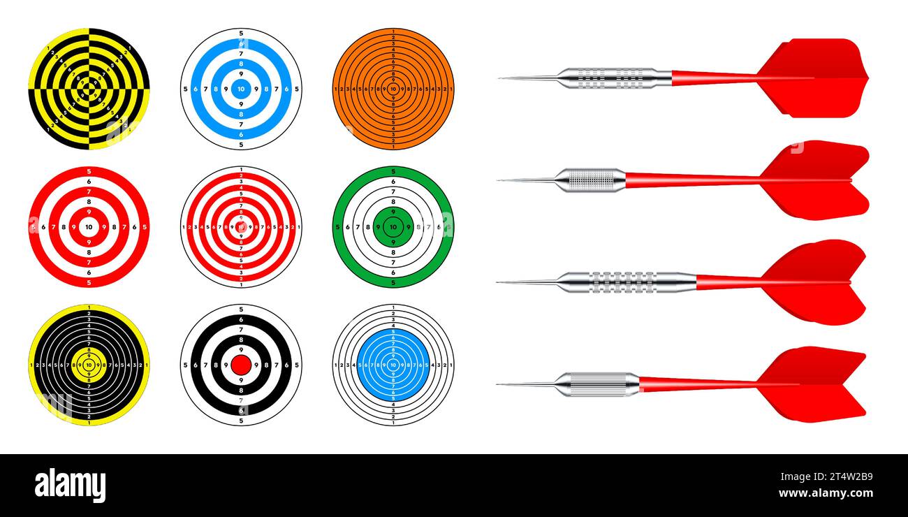 Paper targets with dart arrows. Shooting range round target, divisions, marks and numbers. Gun shooting practise and training, sport competition Stock Vector