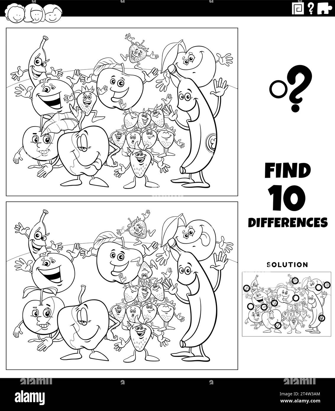 Black and white cartoon illustration of finding the differences between pictures educational activity with fruit characters coloring page Stock Vector