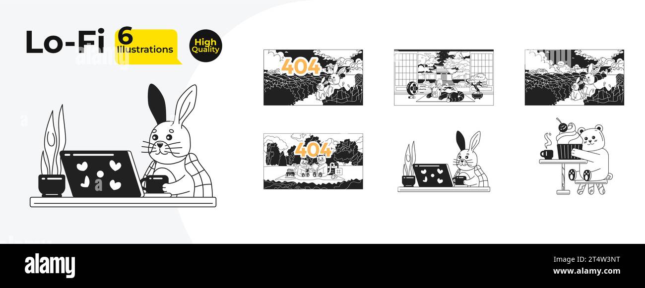 Kawaii cute black and white lofi wallpapers bundle Stock Vector