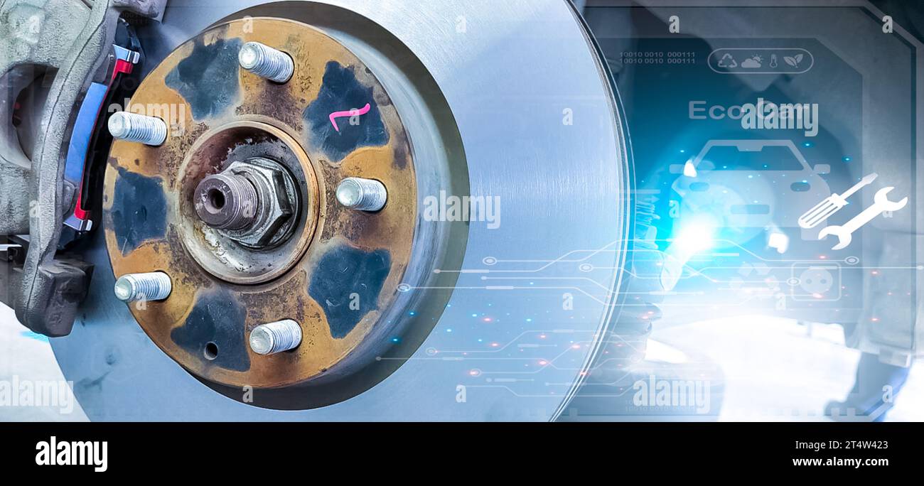 Car disc brake system maintenance concept. Car suspension in process of