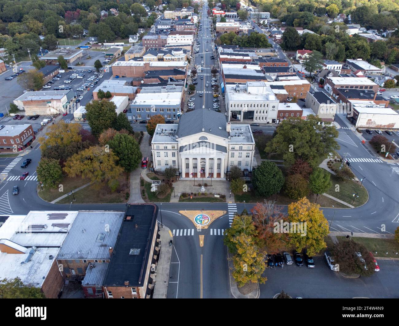 Lincoln County Courthouse in Lincolnton, North Carolina seen from drone