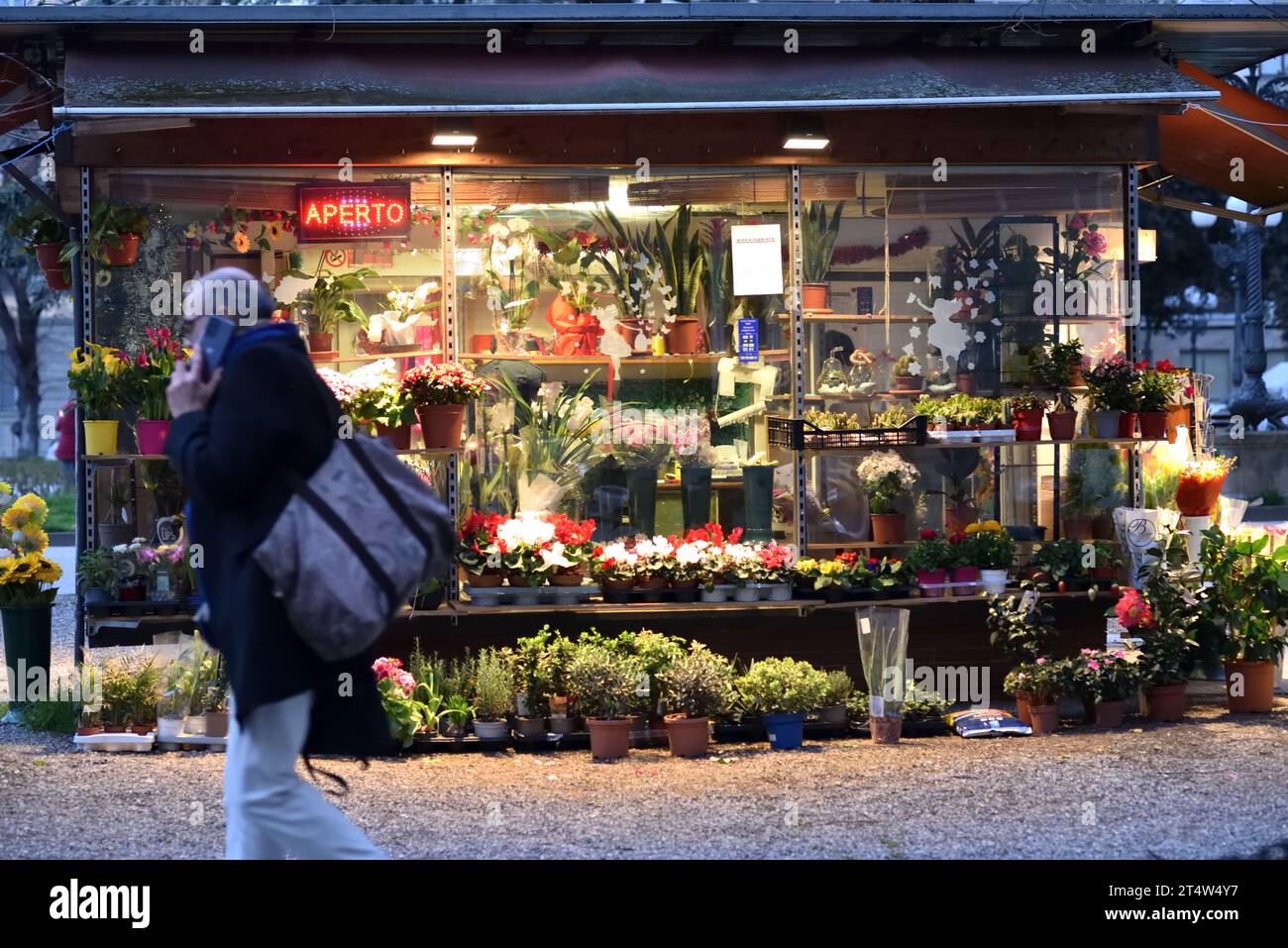 A mature male walking casually past a vibrant flower store on a bustling city street Stock Photo